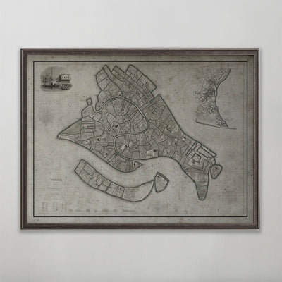 Old vintage historic map of Venice for wall art home decor. 