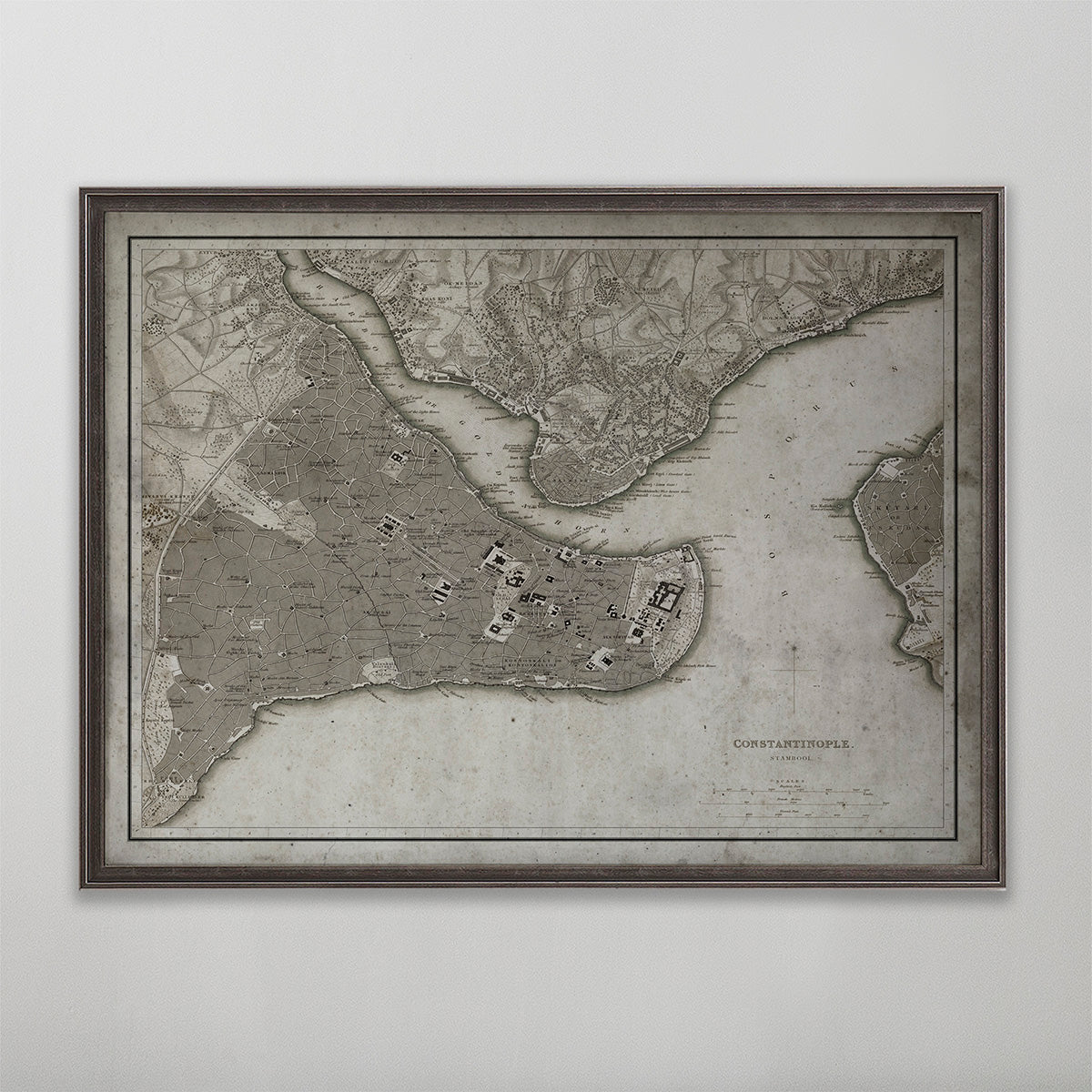 Old vintage historic map of Istanbul for wall art home decor. 