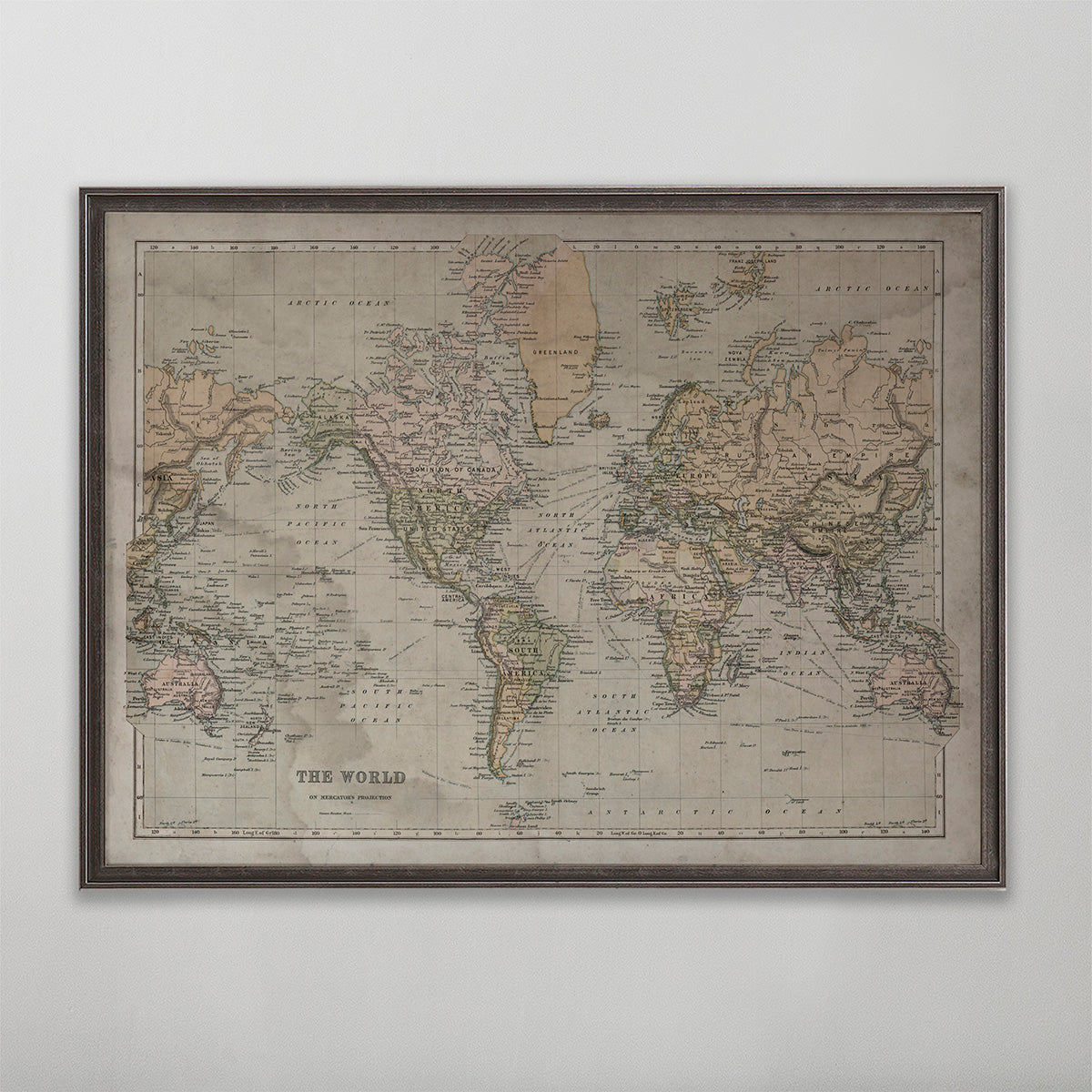 Old vintage historic map of the World for wall art home decor. 