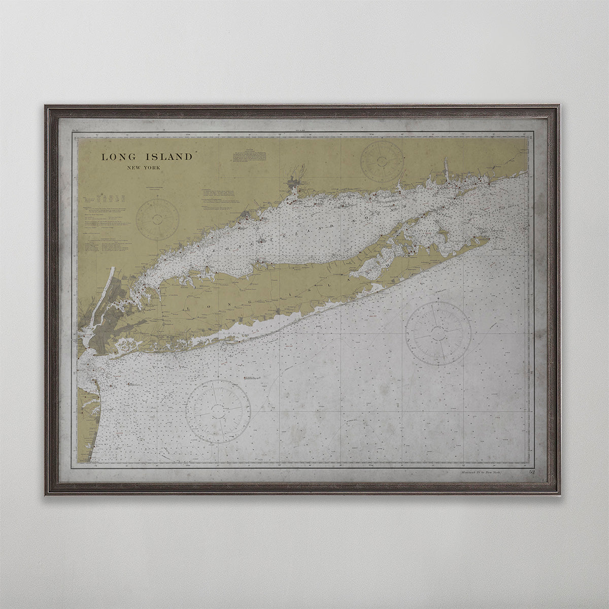 Old vintage historic nautical chart of Long Island wall art home decor. 