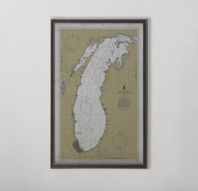 Old vintage historic nautical chart of Lake Michigan wall art home decor. 