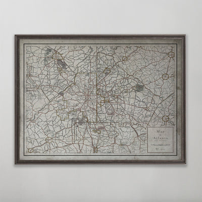 Old vintage historic map of Atlanta for wall art home decor. 