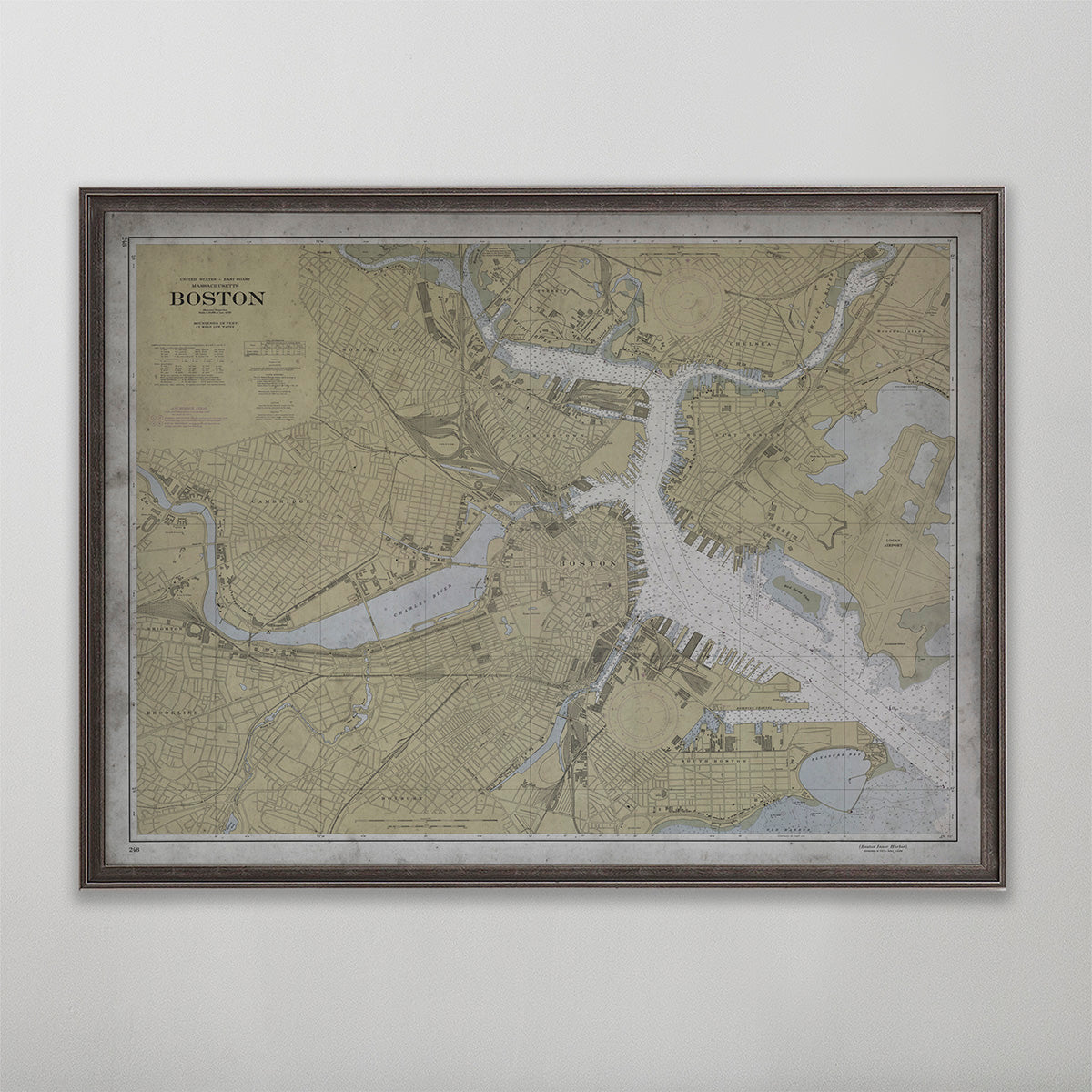 Old vintage historic nautical chart of Boston Inner Harbor for wall art home decor. 