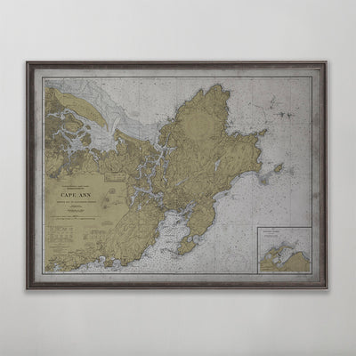 Old vintage historic nautical chart of Cape Ann, Massachusetts for wall art home decor. 