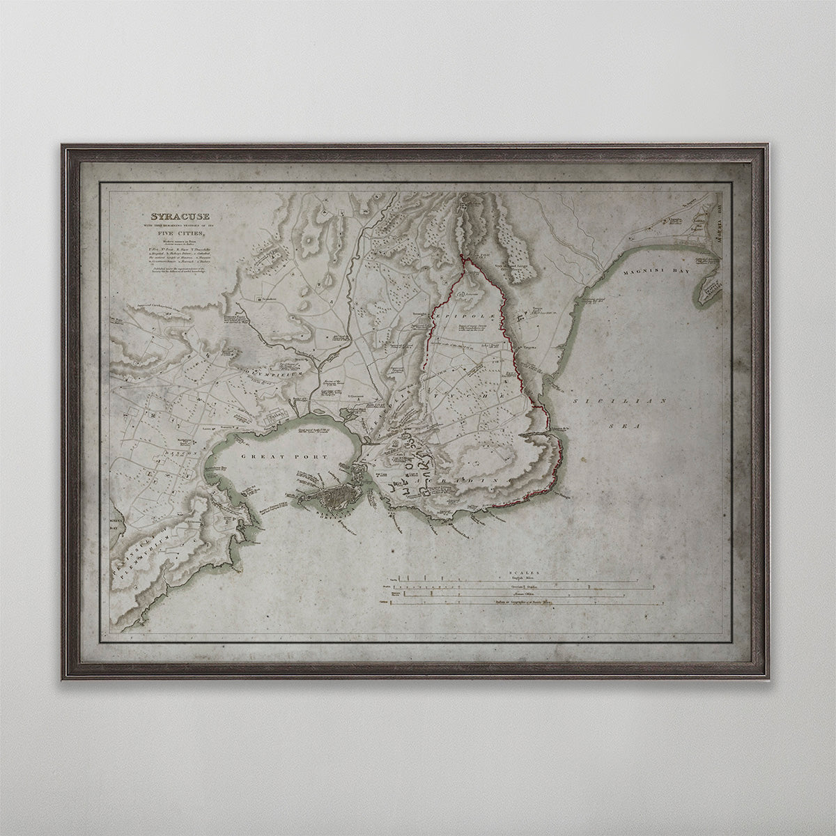 Old vintage historic map of Syracuse, Italy for wall art home decor. 
