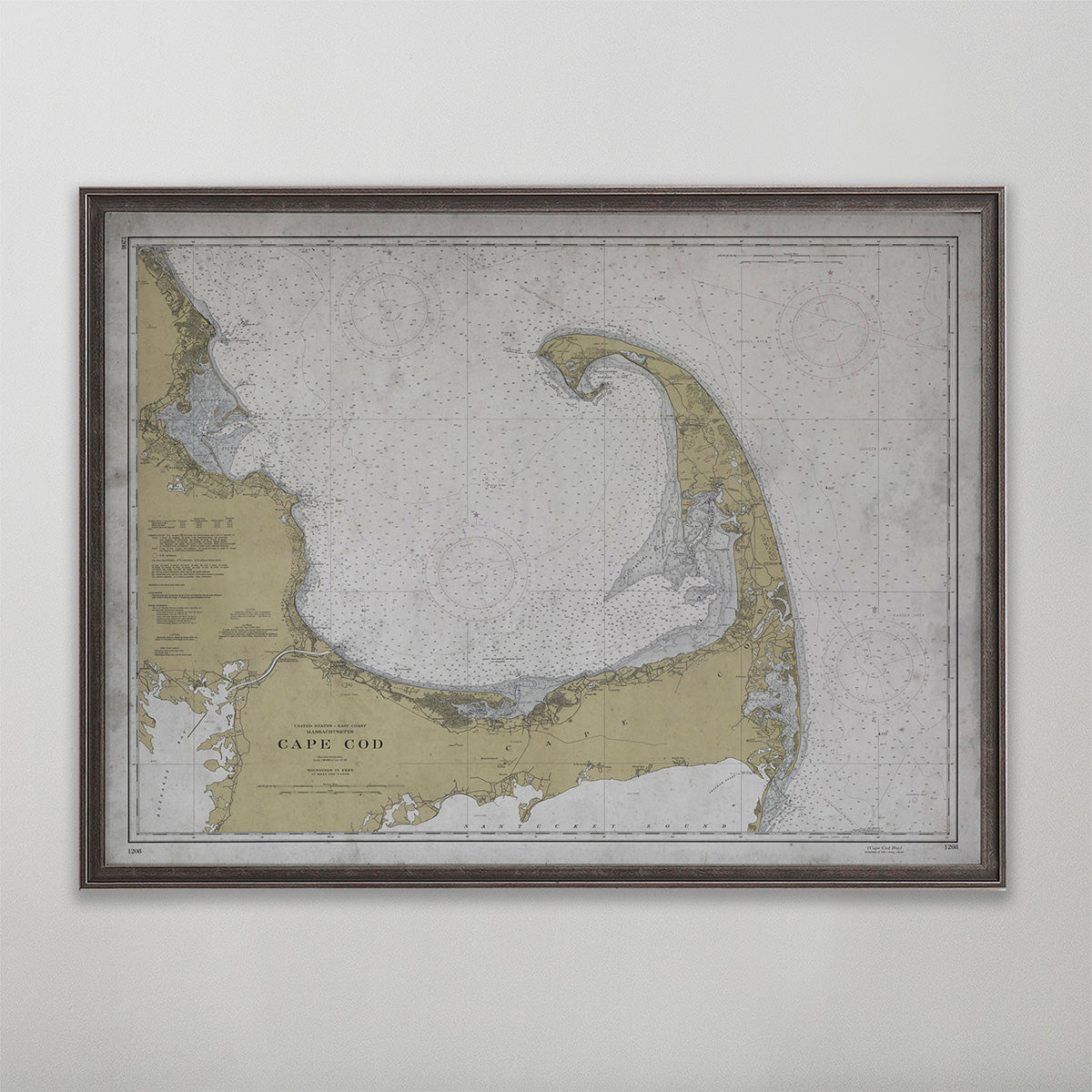 Old vintage historic nautical chart of Cape Cod, Massachusetts for wall art home decor. 