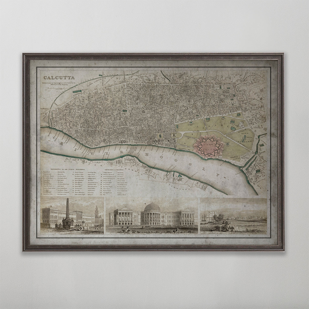 Old vintage historic map of Calcutta for wall art home decor. 