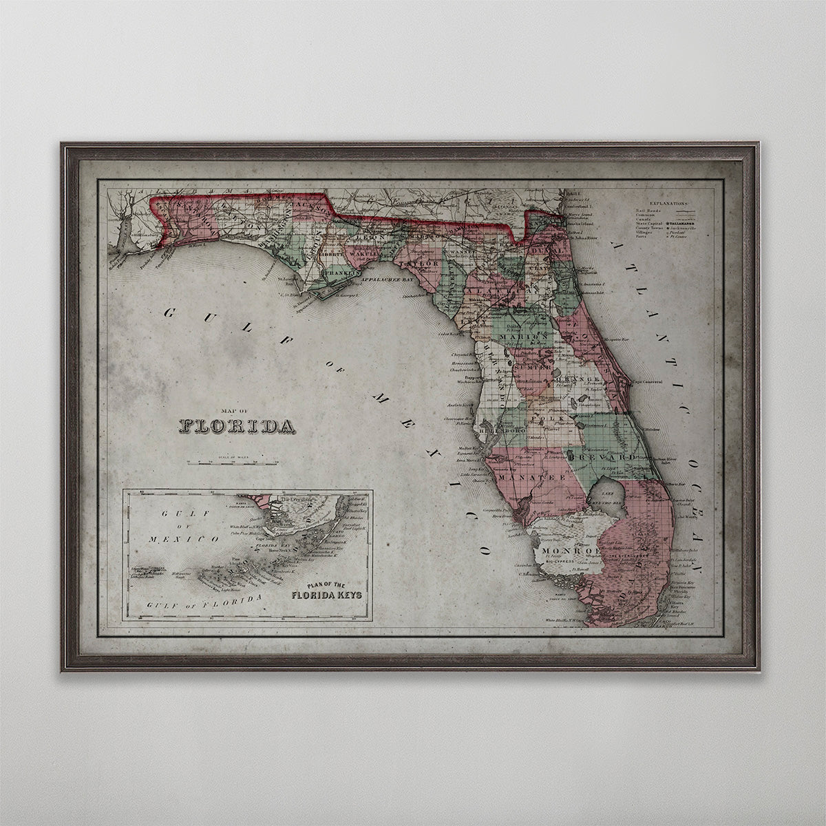 Old vintage historic map of Florida for wall art home decor. 