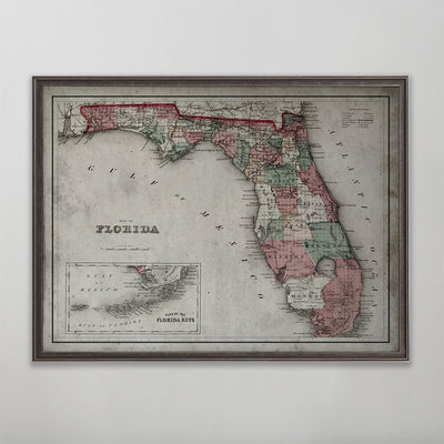 Old vintage historic map of Florida for wall art home decor. 