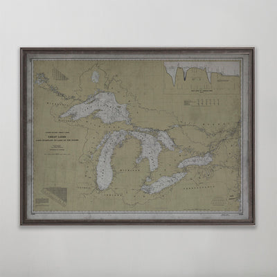 Old vintage historic nautical chart of The Great Lakes for wall art home decor. 