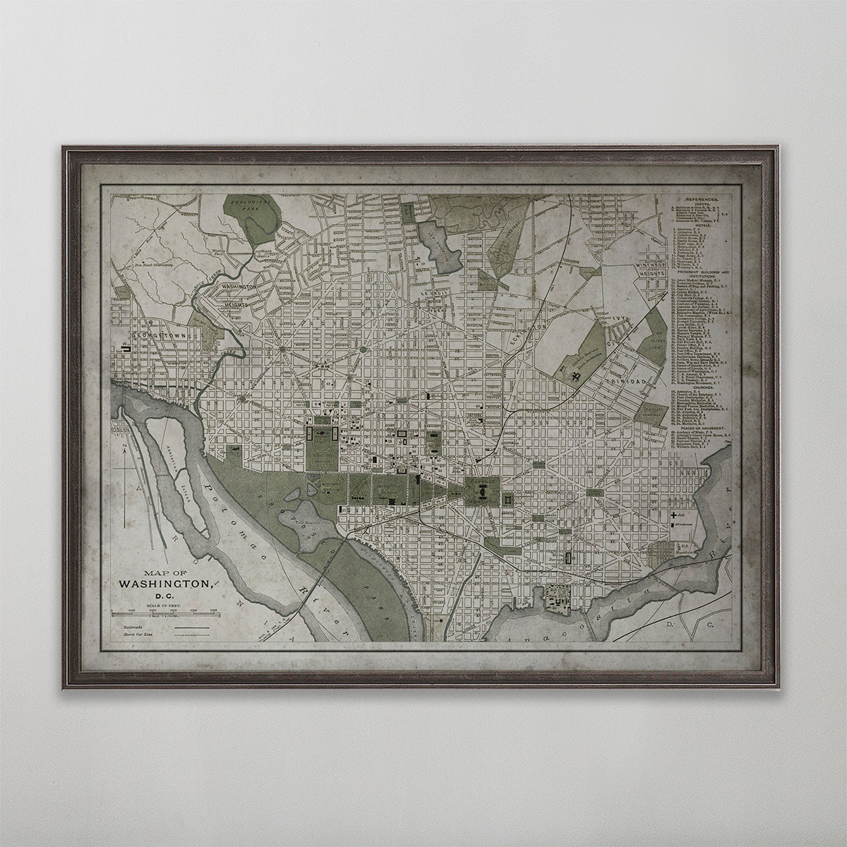 Old vintage historic map of Washington D.C. for wall art home decor. 