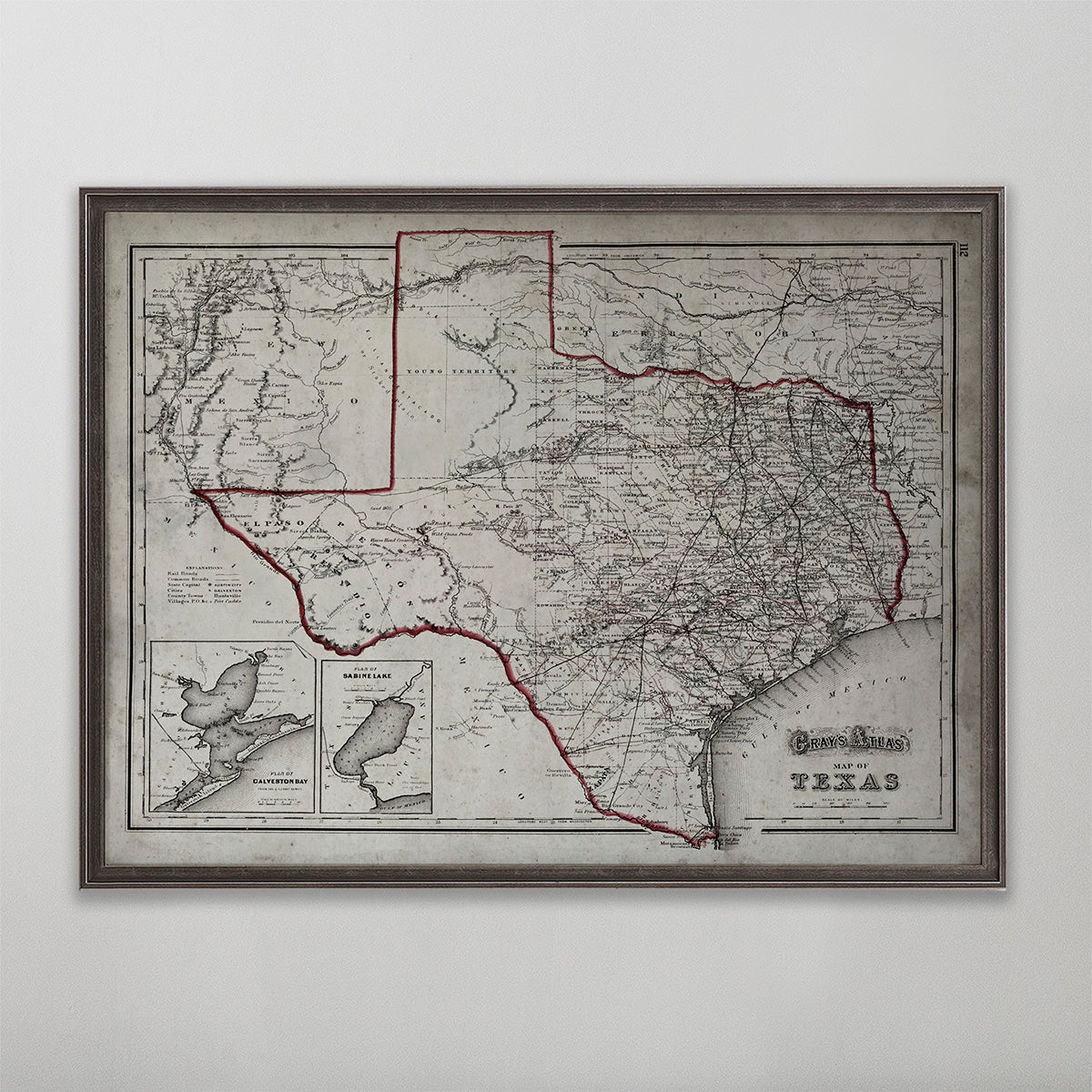 Old vintage historic map of Texas for wall art home decor. 