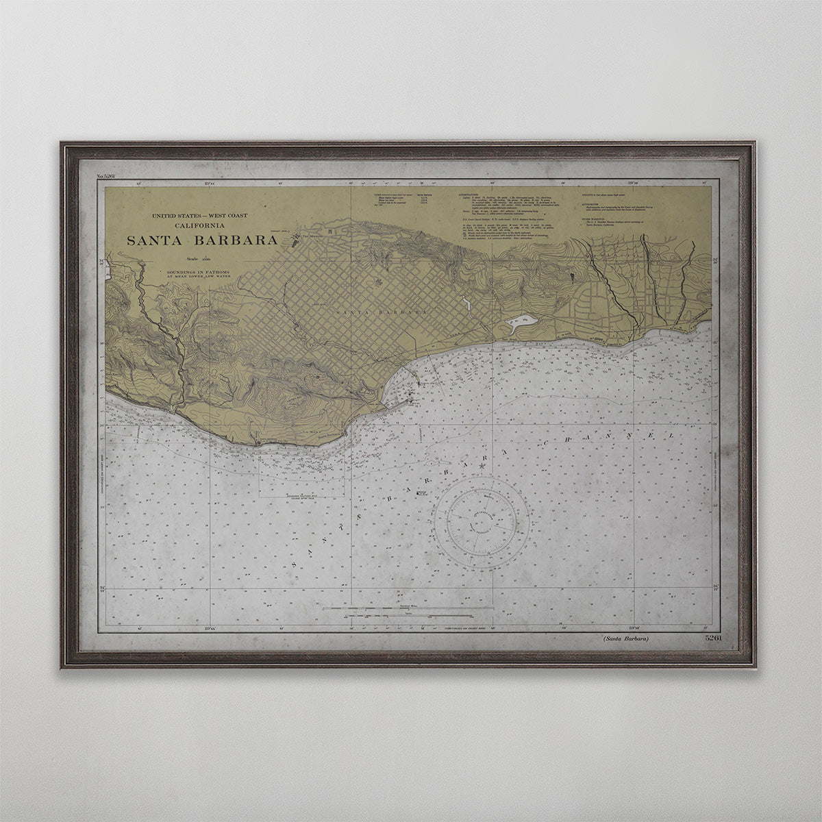 Old vintage historic nautical chart of Santa Barbara wall art home decor. 