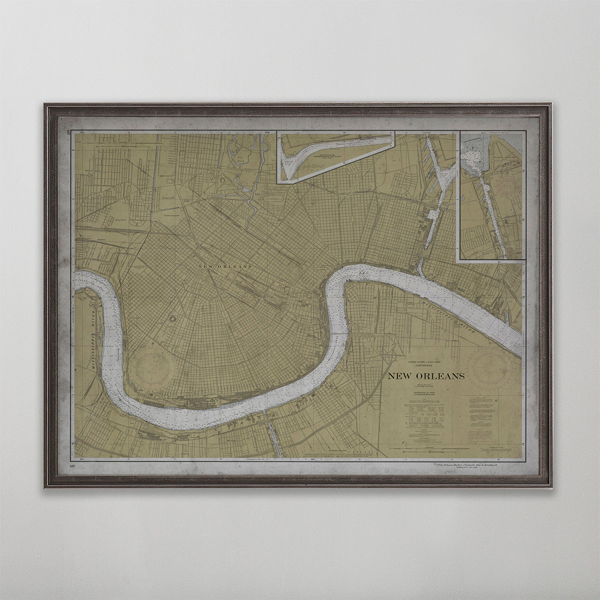 Old vintage historic nautical chart of New Orleans wall art home decor. 