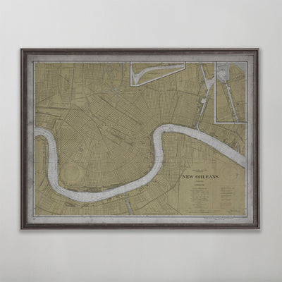 Old vintage historic nautical chart of New Orleans wall art home decor. 