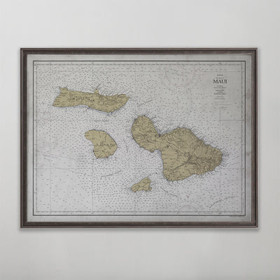 Old vintage historic nautical chart of Maui wall art home decor. 