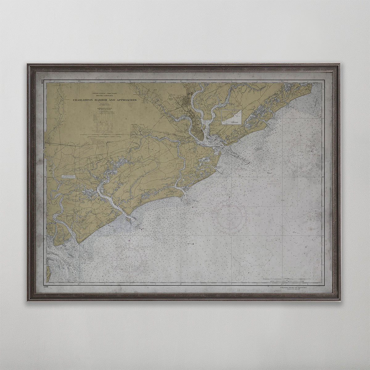 Old vintage historic nautical chart of Charleston Approaches for wall art home decor. 