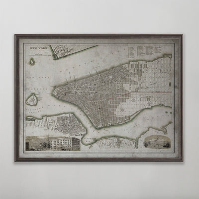 Old vintage historic map of New York for wall art home decor. 