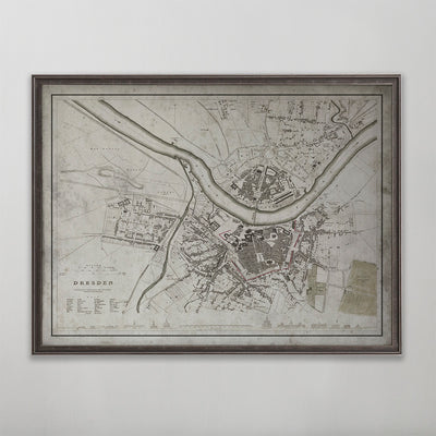 Old vintage historic map of Dresden for wall art home decor. 