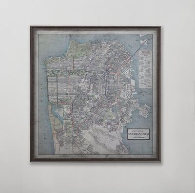 Old vintage historic street map of San Francisco for wall art home decor. 