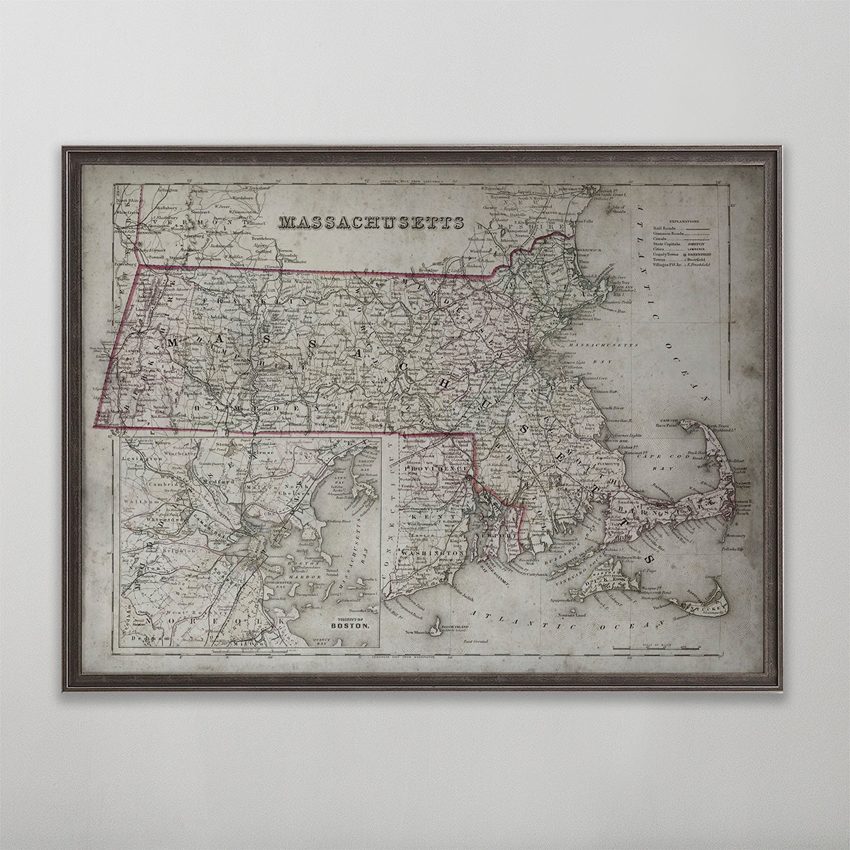 Old vintage historic road map of Massachusetts for wall art home decor. 