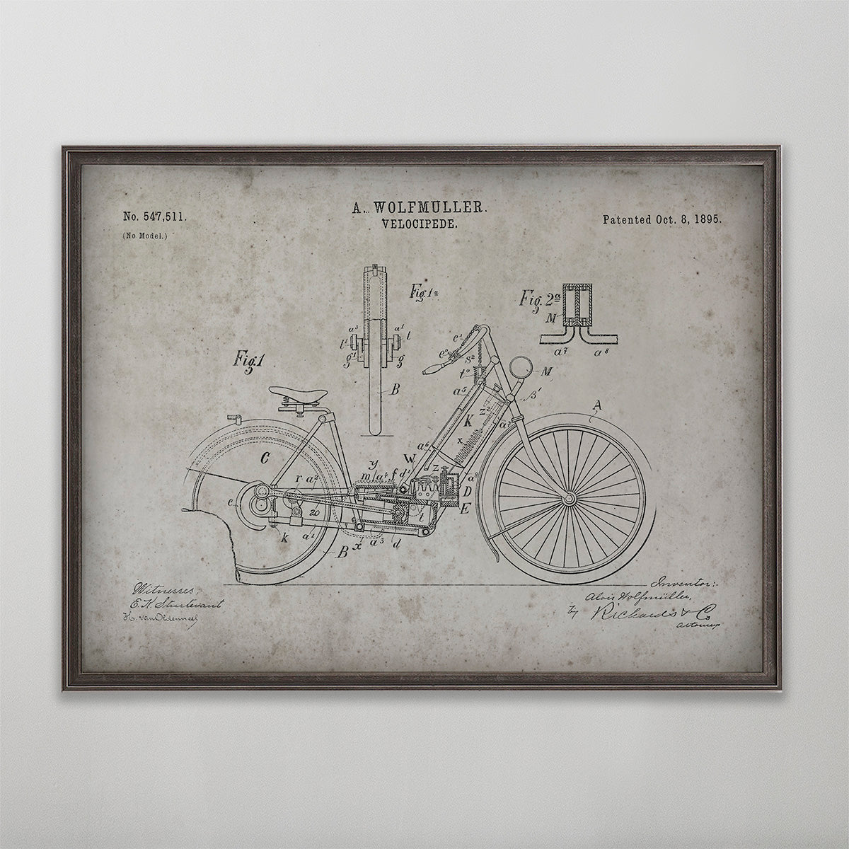 Old vintage Motorcycle Patent Wolfmuller Velociped poster print art for wall art home decor. 