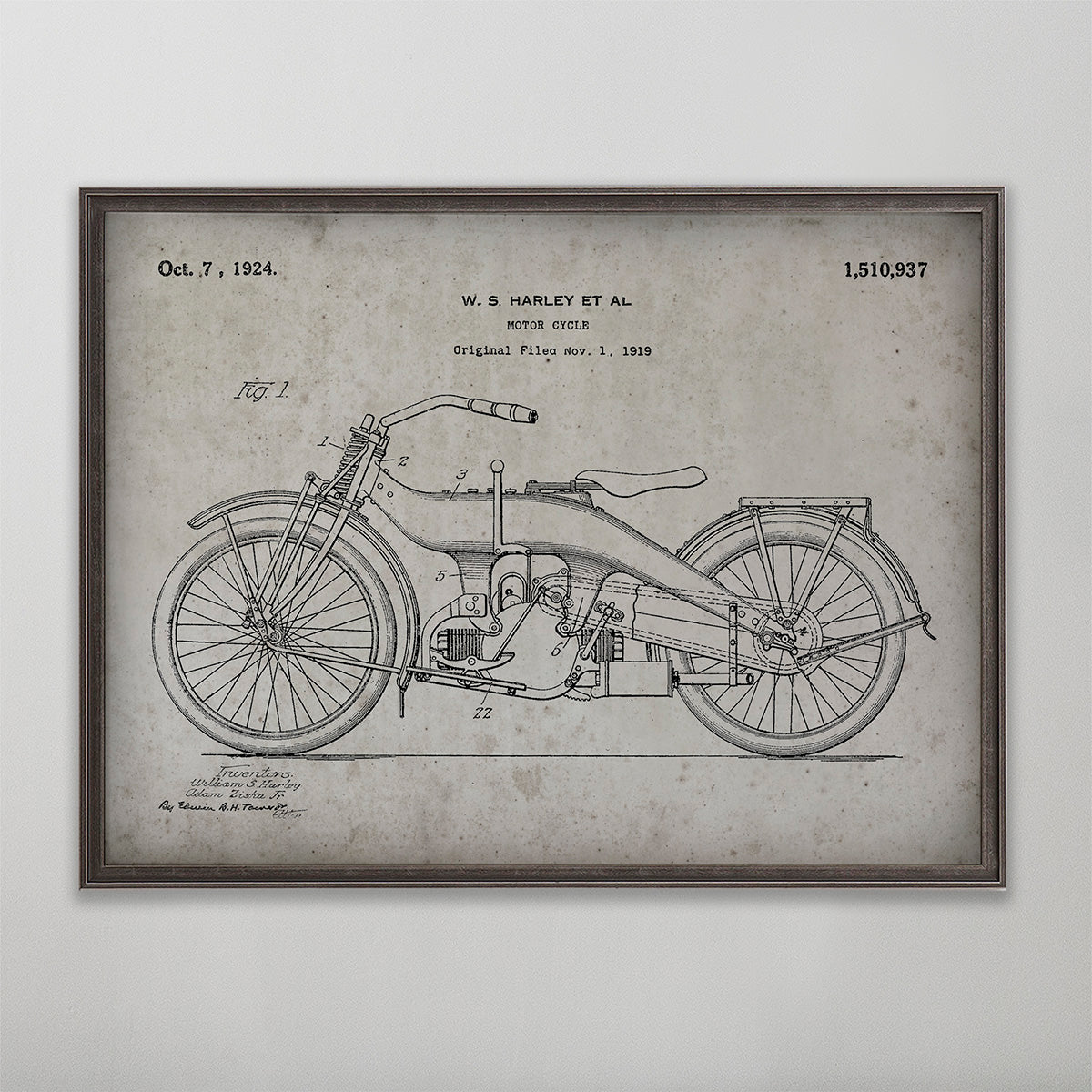 Old vintage Harley Motorcycle Patent print art for wall art home decor. 