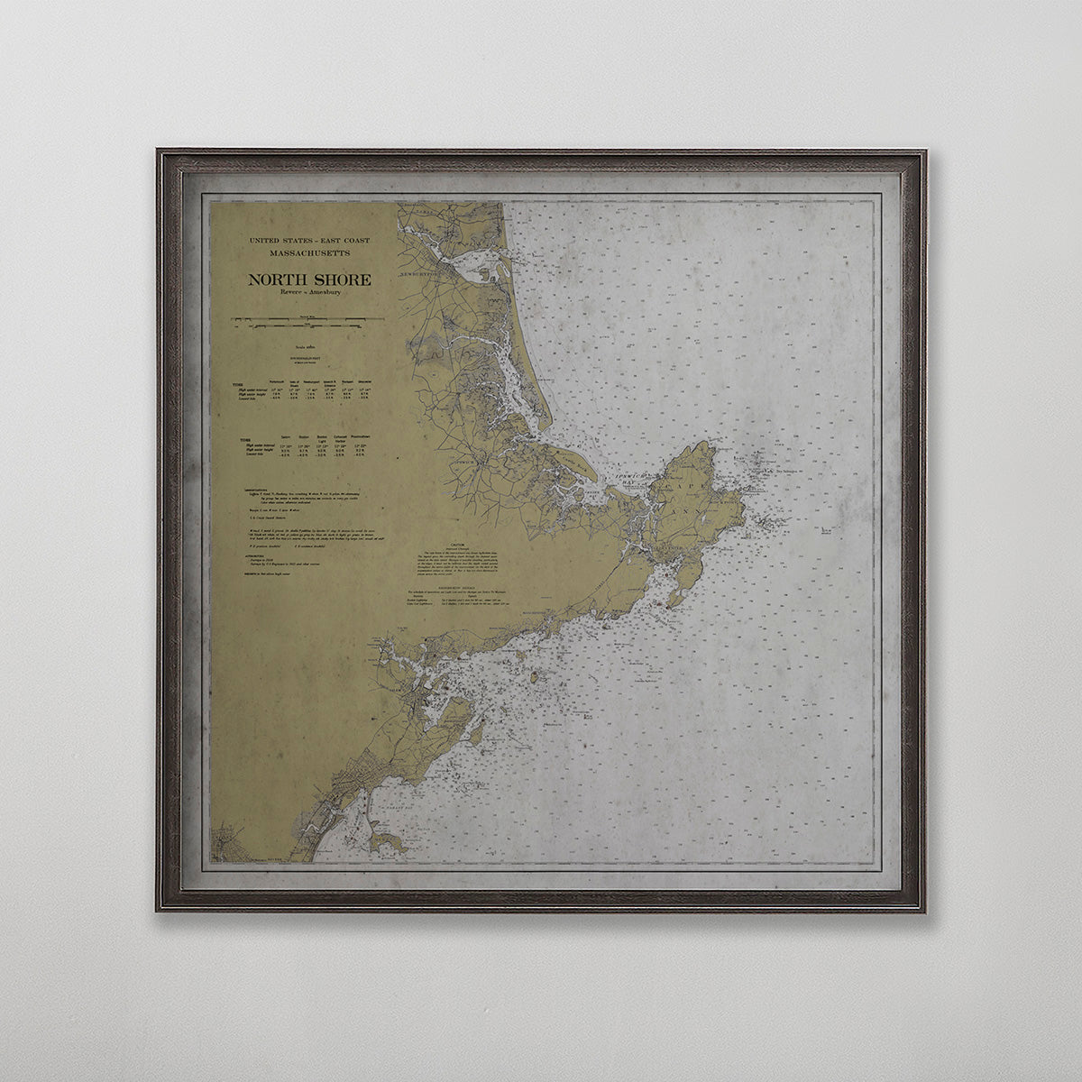 Old vintage historic nautical chart of North Shore Massachusetts wall art home decor. 