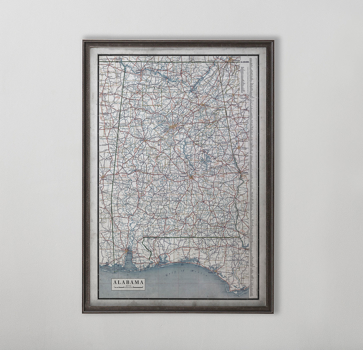 Old vintage historic road map of Alabama for wall art home decor. 