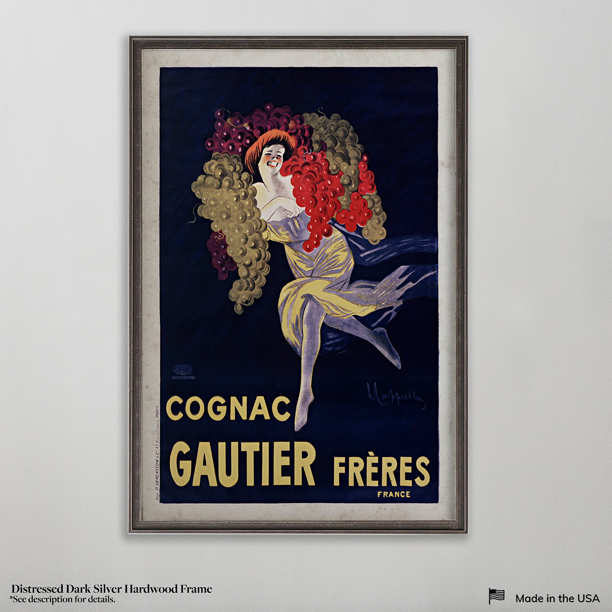 Cognac Gautier Frères vintage wall art poster on white wall with vintage furniture and vintage decor.
