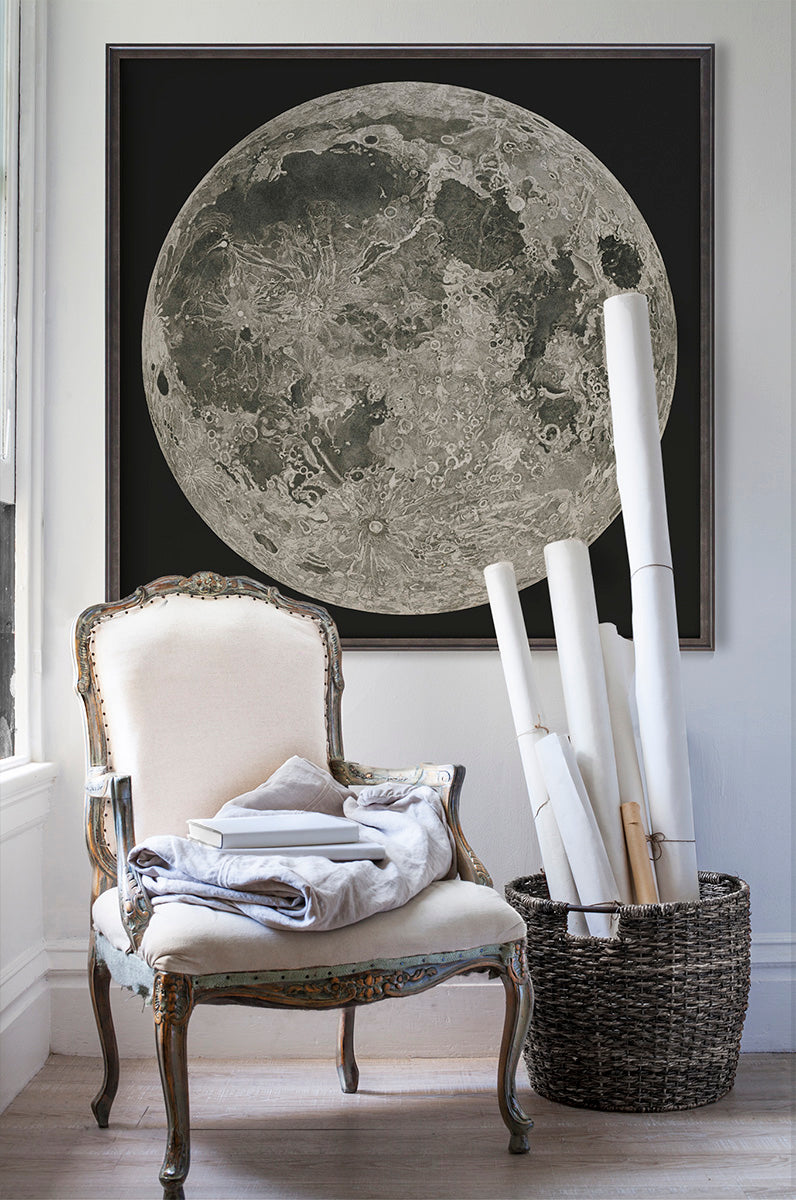 moon on black poster print art in room with white walls with vintage furniture and vintage decor.