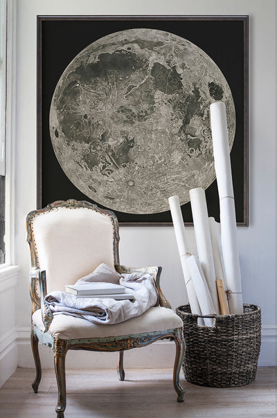 moon on black poster print art in room with white walls with vintage furniture and vintage decor.