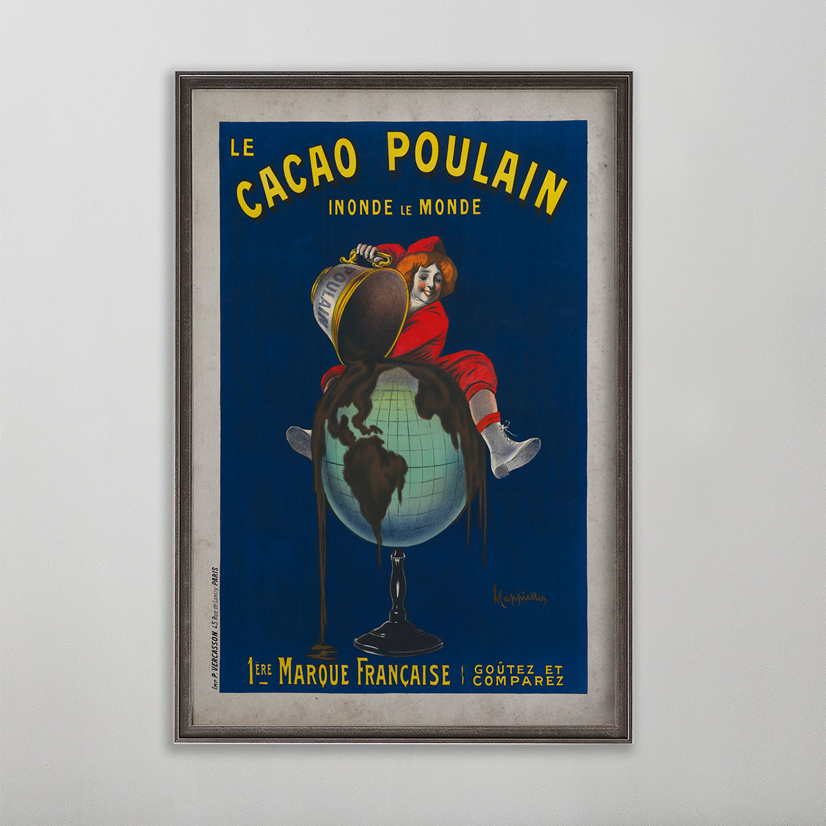 Le Cacao Poulain vintage poster wall art by leonetto cappiello. Boy sitting on globe pouring chocolate on the globe.