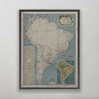 Old vintage historic map of South America for wall art home decor. 