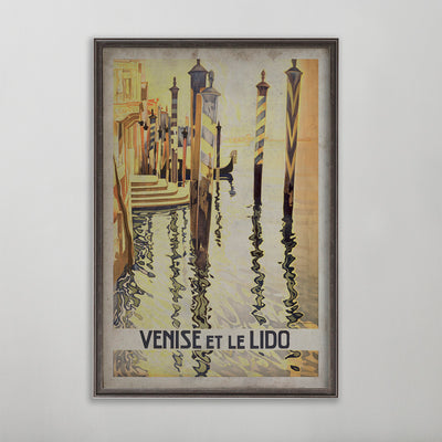 Venice, Italy vintage travel poster showing boats and waterways.