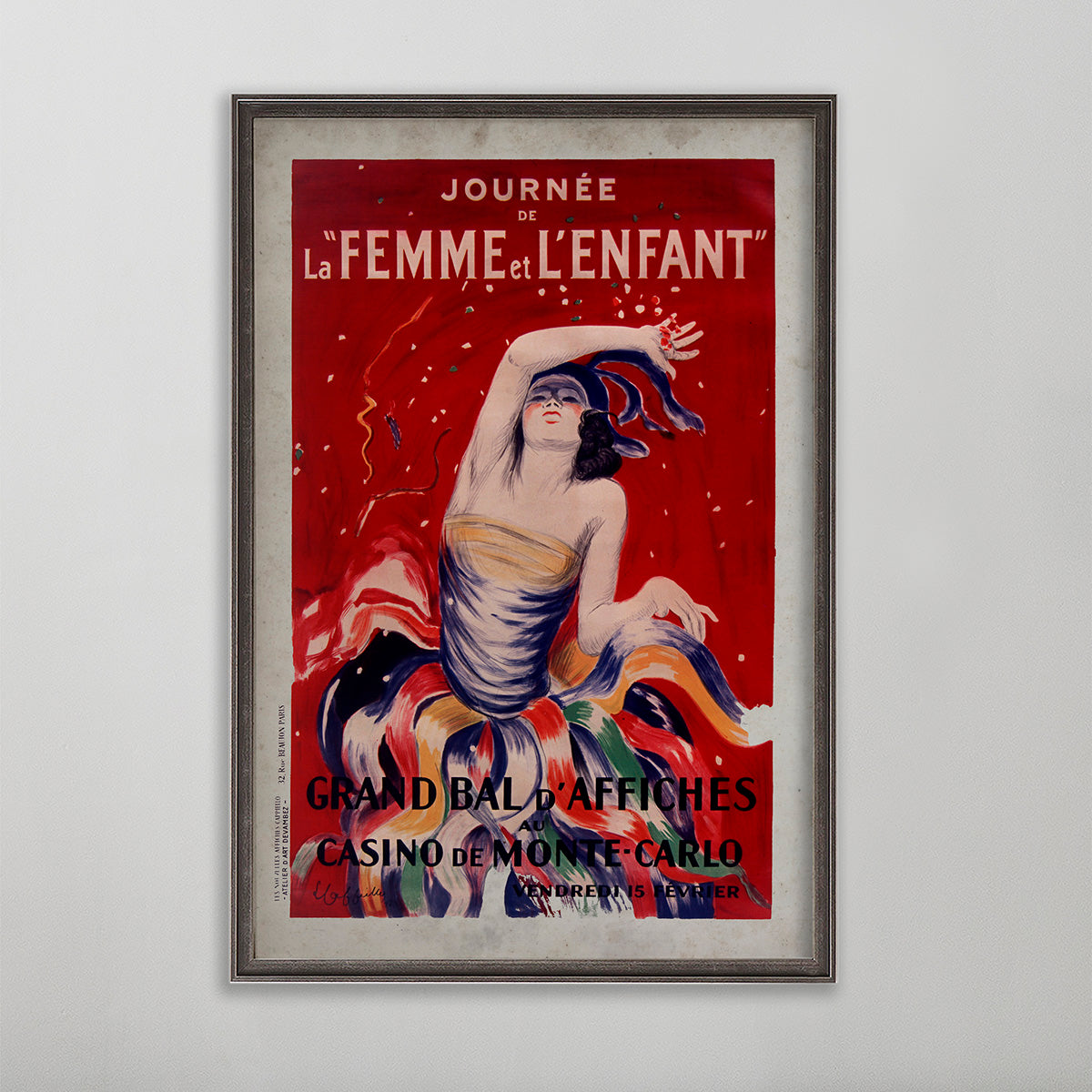 La Femme et L'enfant vintage poster wall art by leonetto cappiello. Woman wearing multi colored dress.