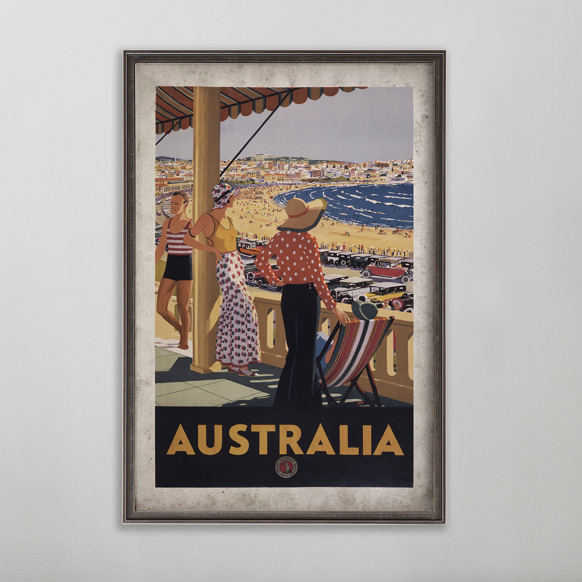 Australia vintage travel poster wall art. Woman by the beach. Shop archive print co., for unique vintage art. 