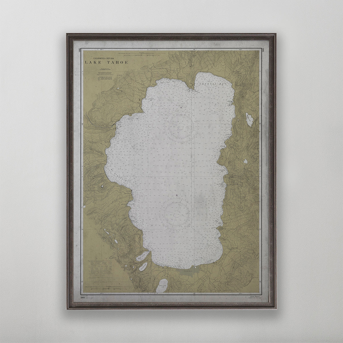 Old vintage historic nautical chart of Lake Tahoe wall art home decor. 