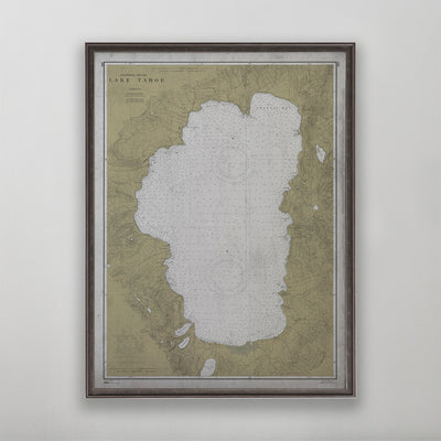 Old vintage historic nautical chart of Lake Tahoe wall art home decor. 