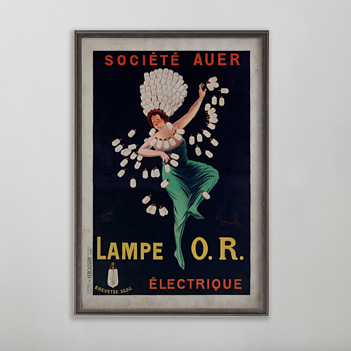 Électrique Lampe O.R. vintage poster wall art by leonetto cappiello. Woman wearing lightbulbs.
