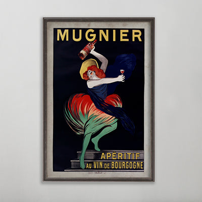 Mugnier Vin De Bourgogne vintage poster wall art by leonetto cappiello. Woman dancing holding bottles.