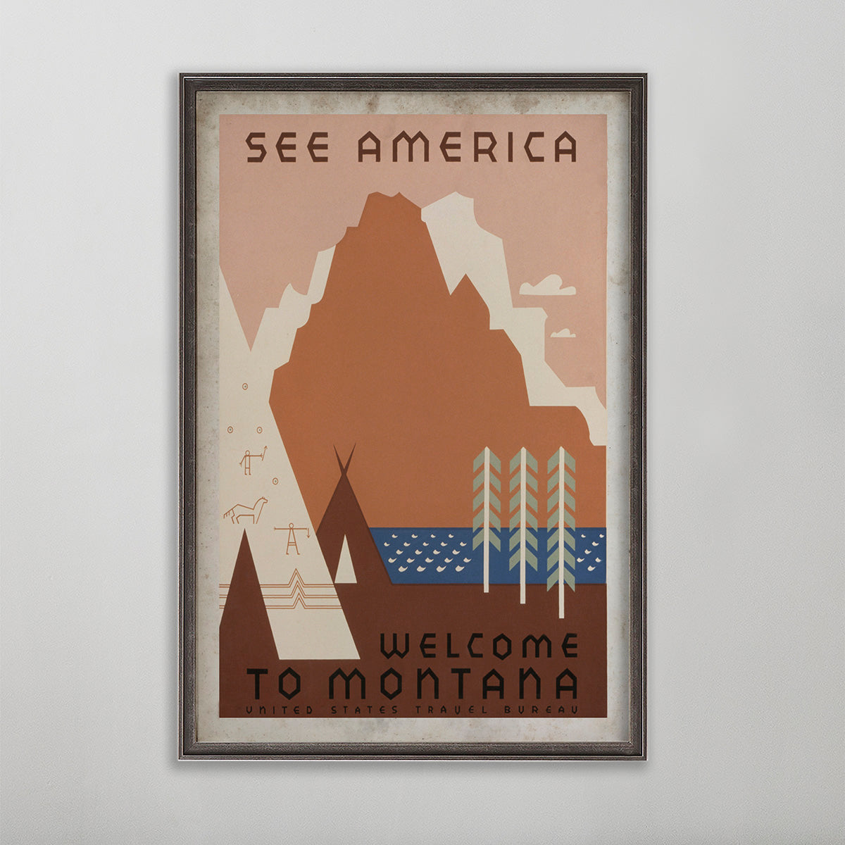 Montana vintage travel poster. A mountain in the background and a teepee with trees by a lake.