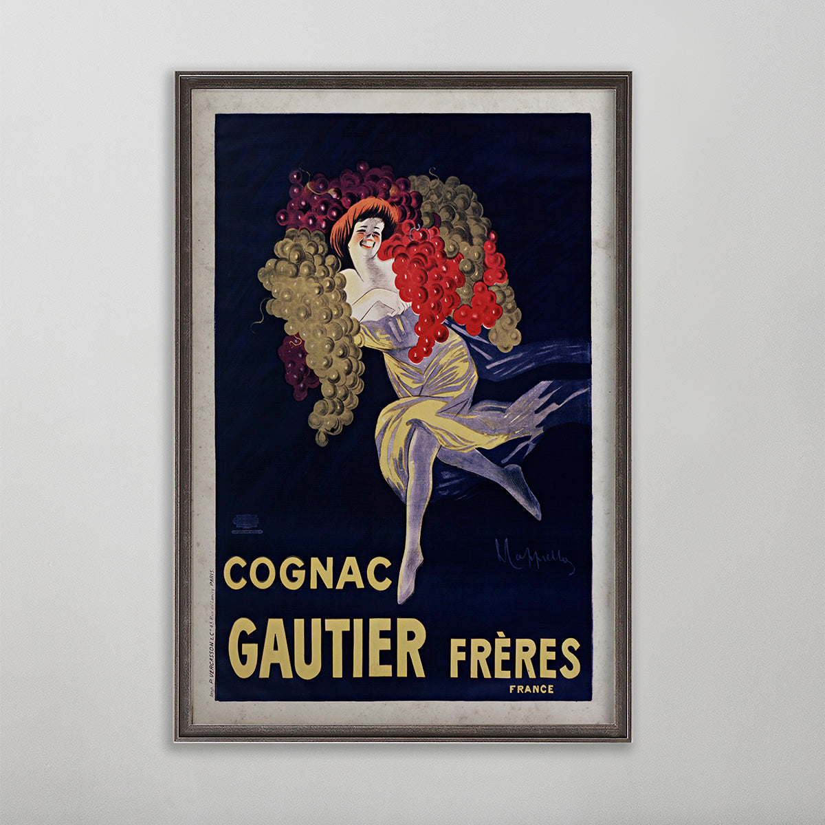 old poster advertisement art. cognac poster wall art by leonetto cappiello. Girl carrying grapes on a poster vintage art.
