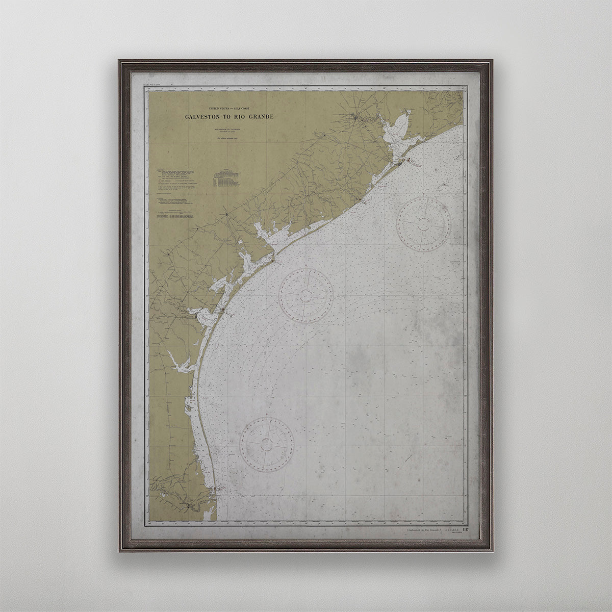 Old vintage historic nautical chart of Galveston to Rio Grande for wall art home decor. 