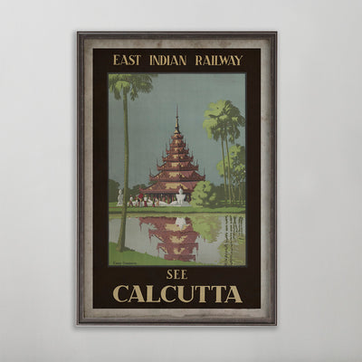 India Calcutta vintage travel poster. Temple on a lake.