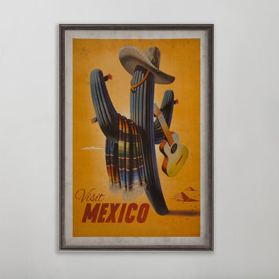 Mexico vintage travel poster. A cactus with a poncho, cowboy hat and a guitar.