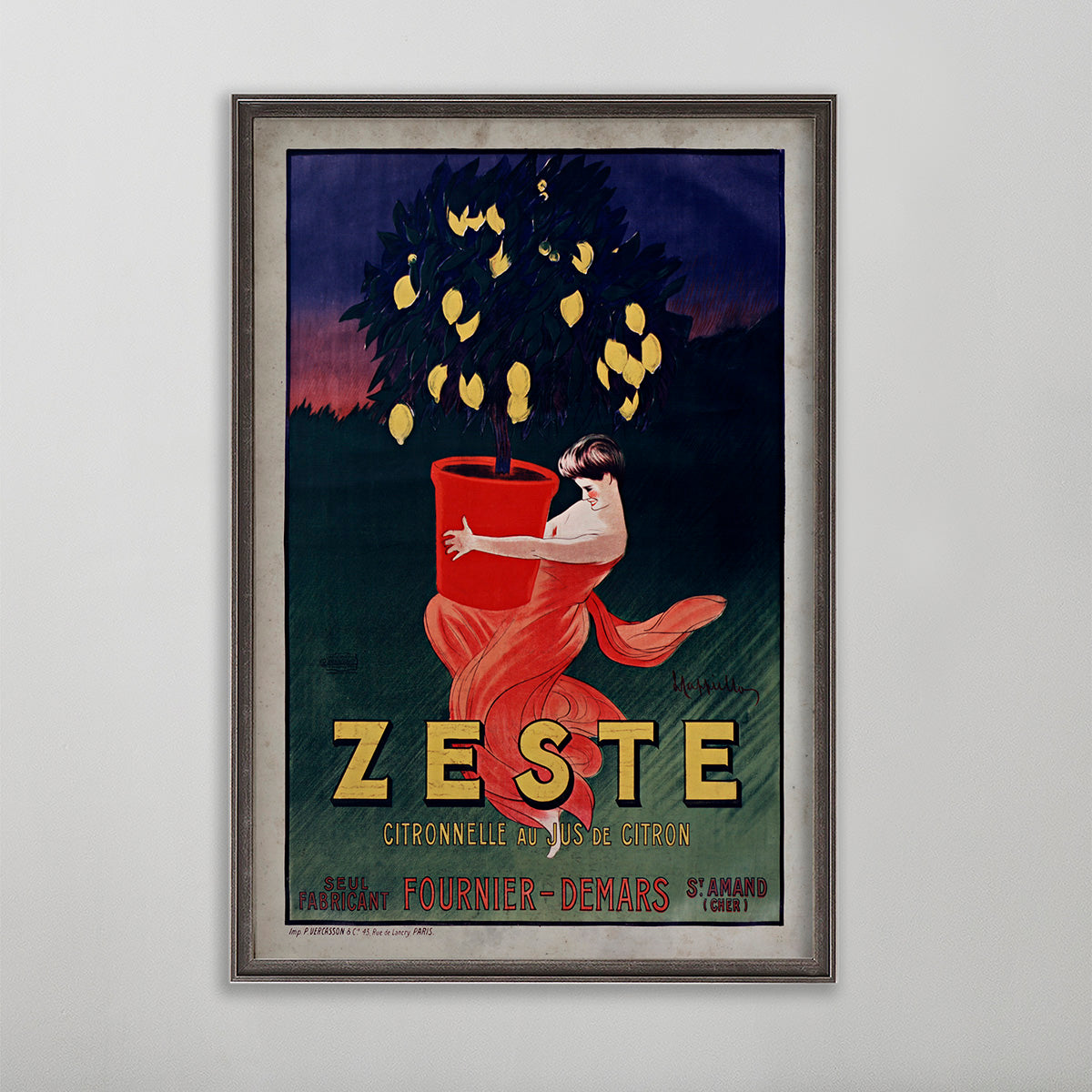 Zeste Citronelle vintage poster wall art by leonetto cappiello. Woman carrying lemon tree plant.