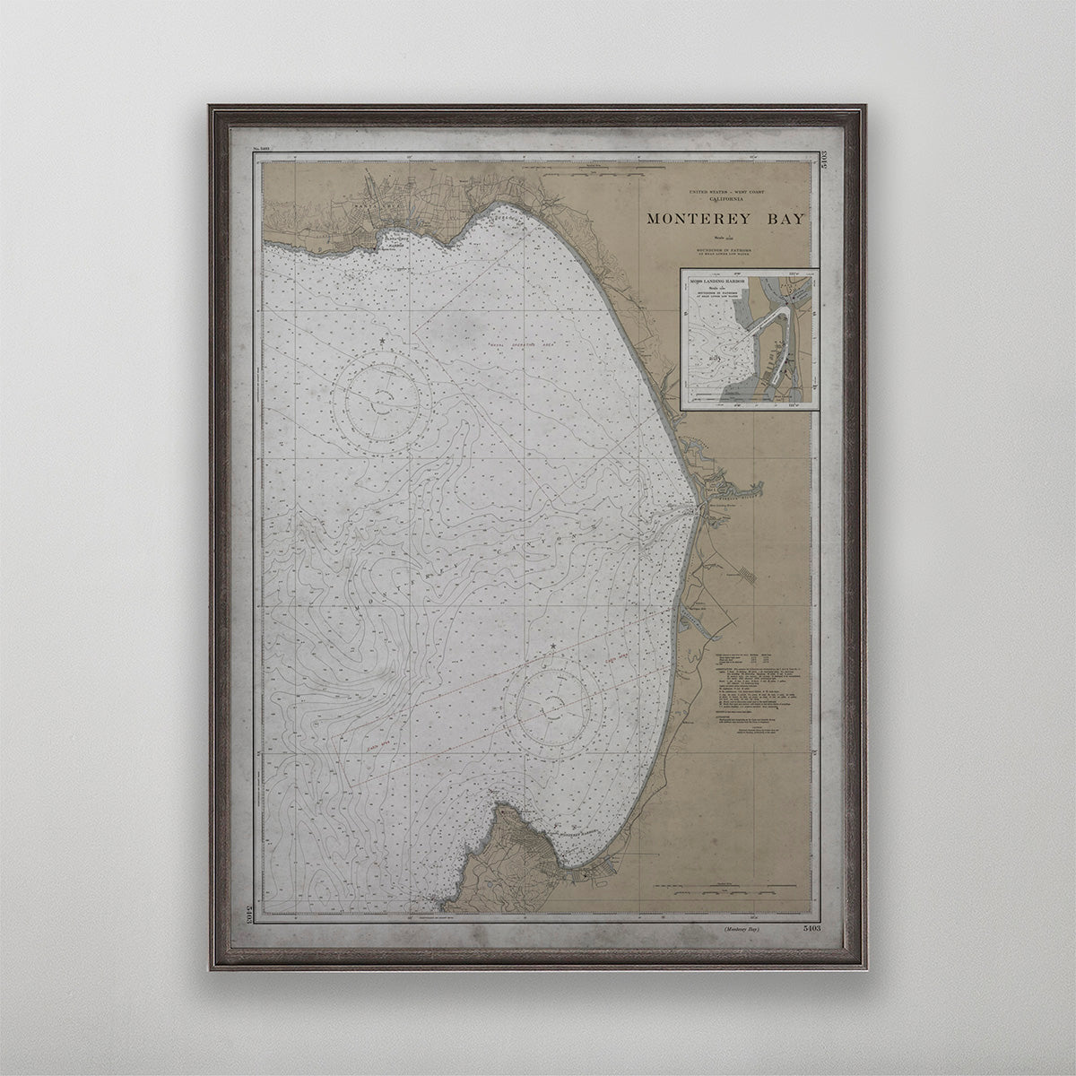 Old vintage historic nautical chart of Monterey Bay wall art home decor. 