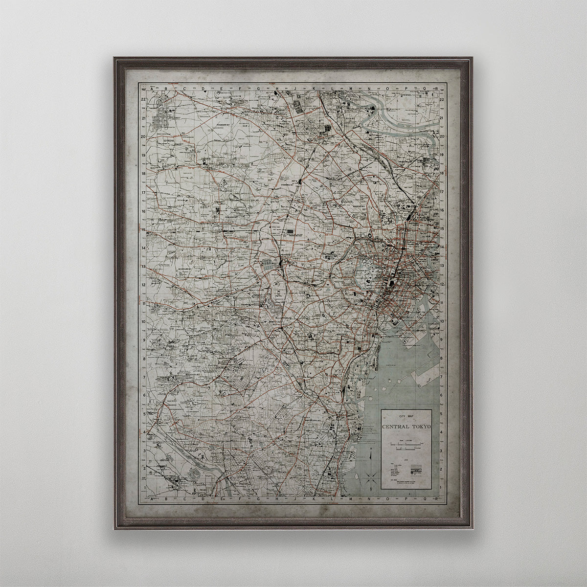 Old vintage historic map of Tokyo for wall art home decor. 