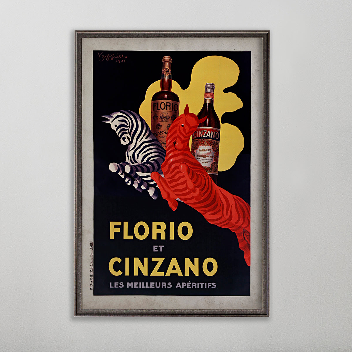 Florio et Cinzano vintage poster wall art by leonetto cappiello. Poster portrays a white and red zebra.